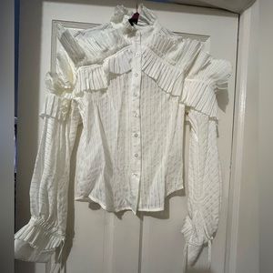 White Ruffle Blouse w/tie up sleeves